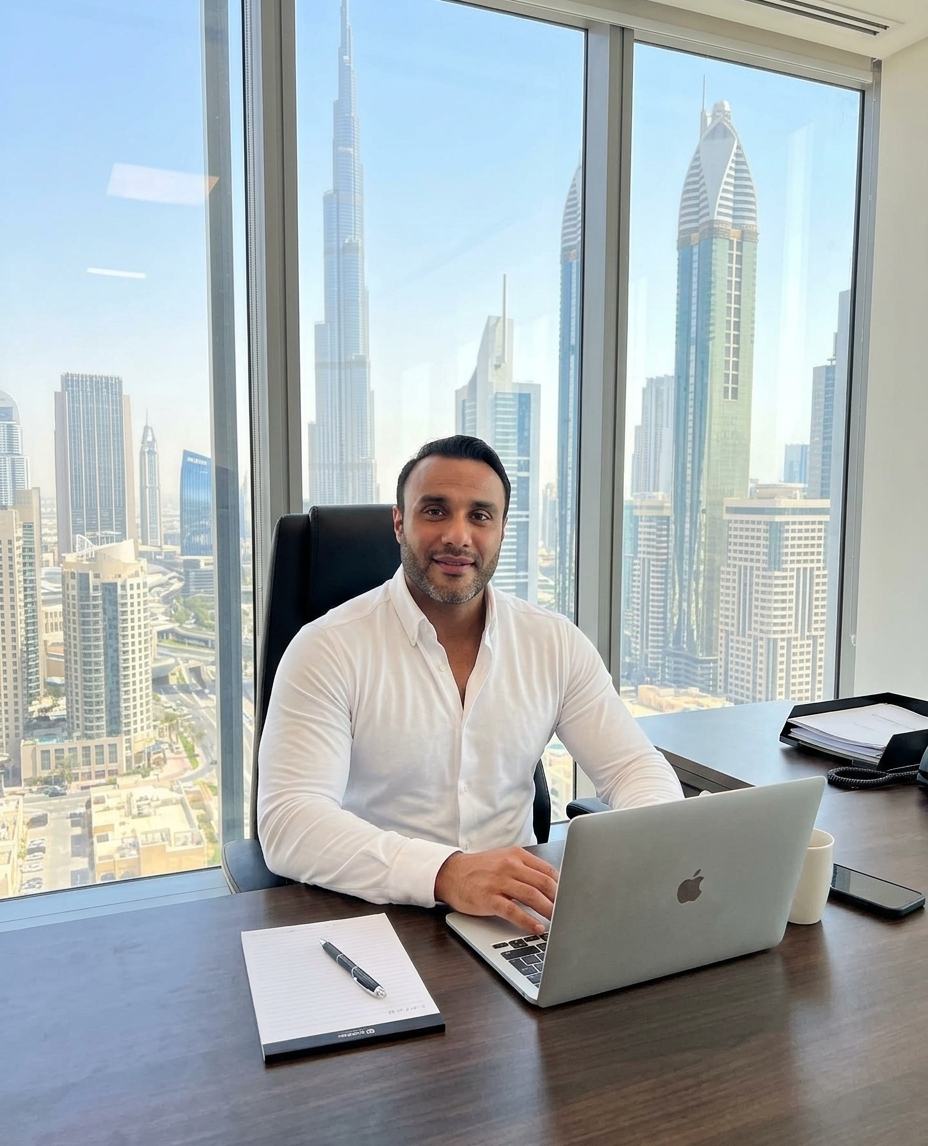 Abs Khan working from his office overlooking Downtown Dubai